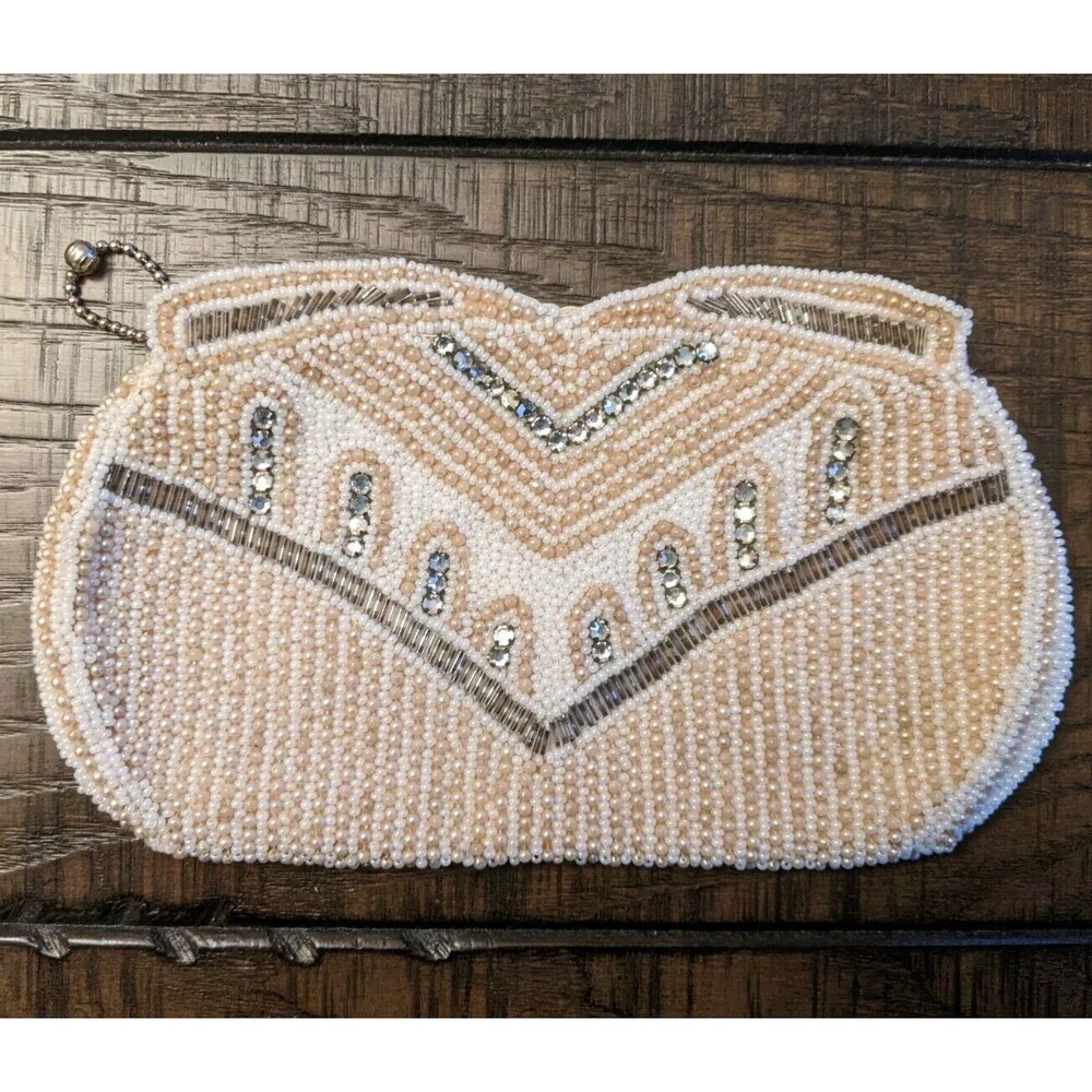 Vtg Beaded Romantic Art Deco Zip Purse Bag Clutch Wallet 7"x4" Belgium Handmade